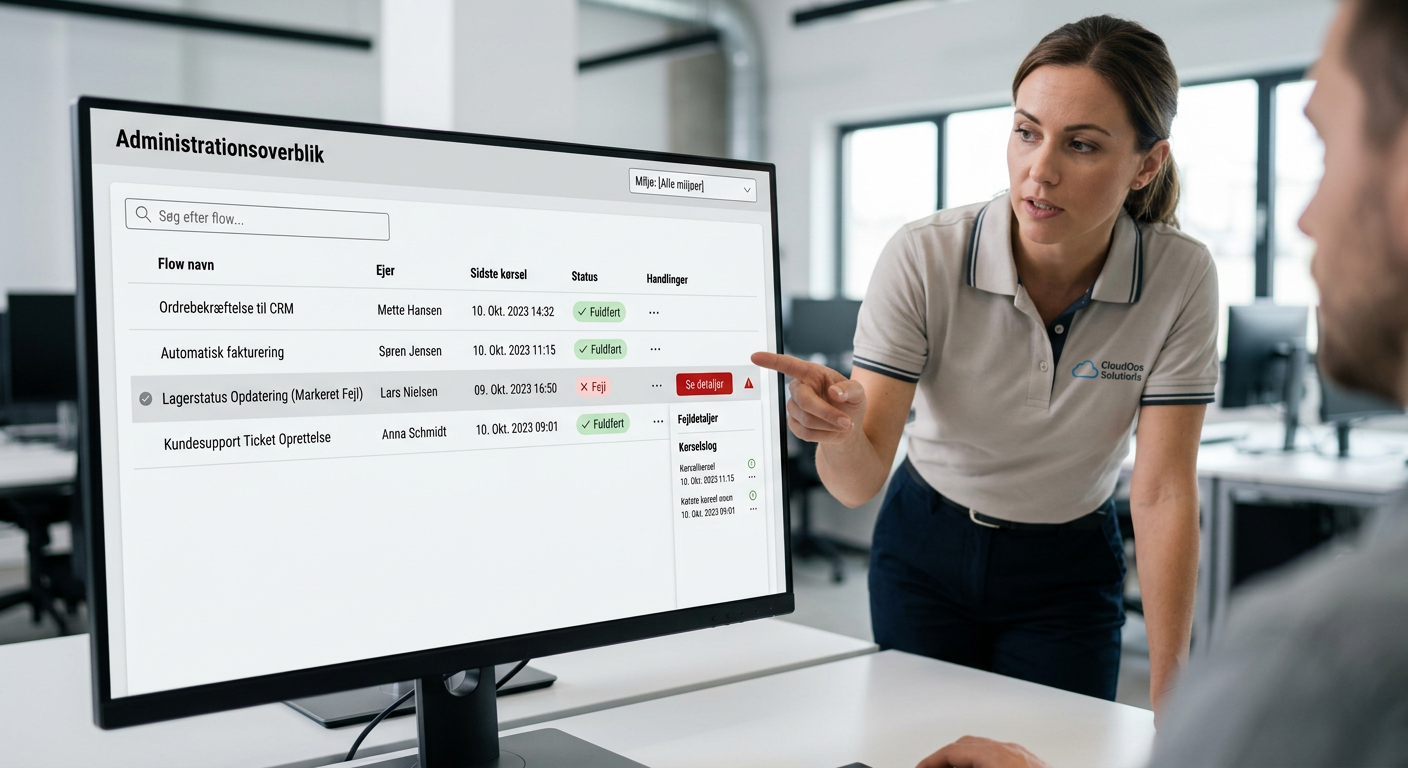 Skærmbillede af Power Platform Admin Center med oversigt over aktive flows og ejere