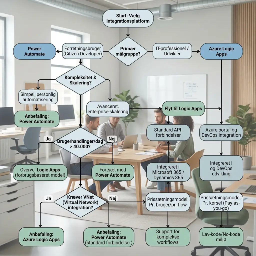 Flowchart der viser beslutningsproces for hvornår man skal vælge Power Automate vs Azure Logic Apps
