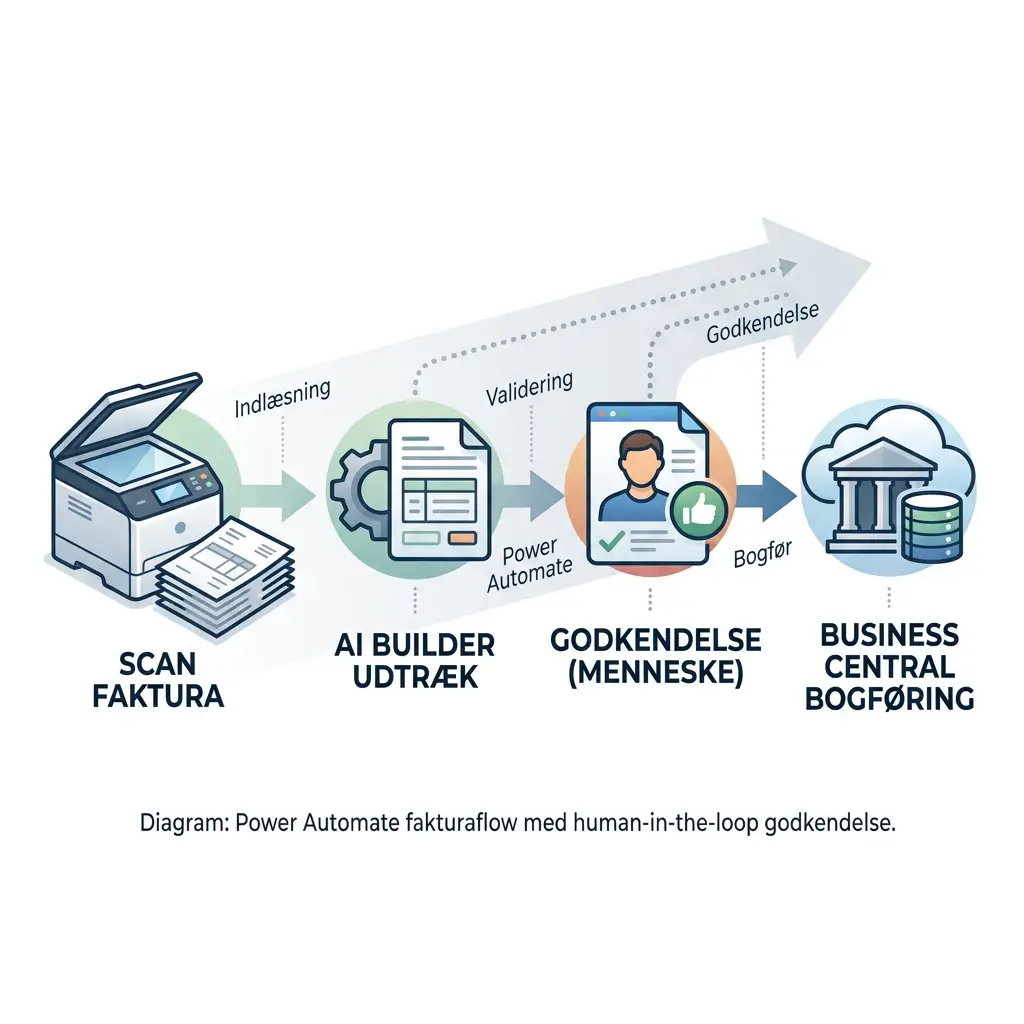 Diagram der viser Power Automate flow fra faktura-scanning til ERP-bogføring med human-in-the-loop godkendelse