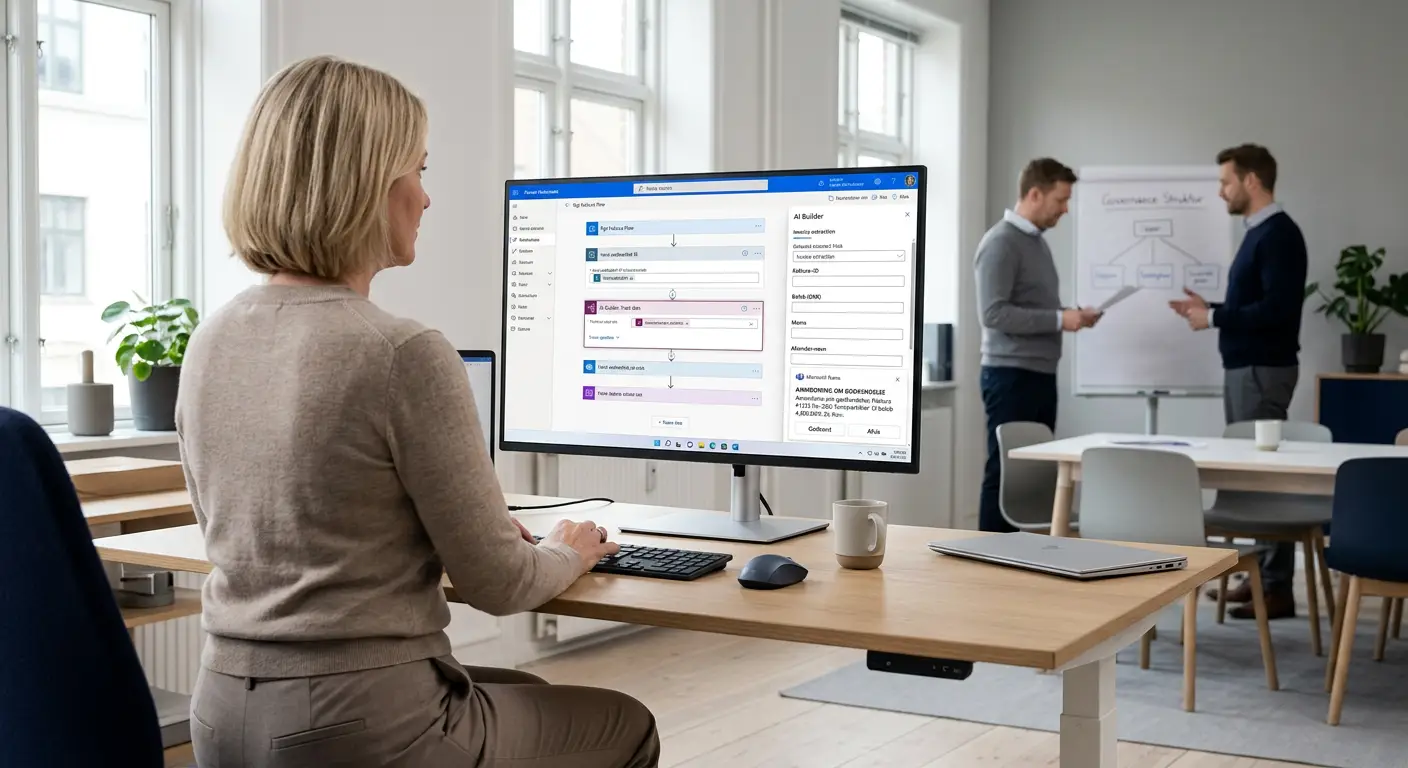 CFO gennemgår Power Automate fakturahåndtering med AI Builder på skærm i dansk SMV-kontor