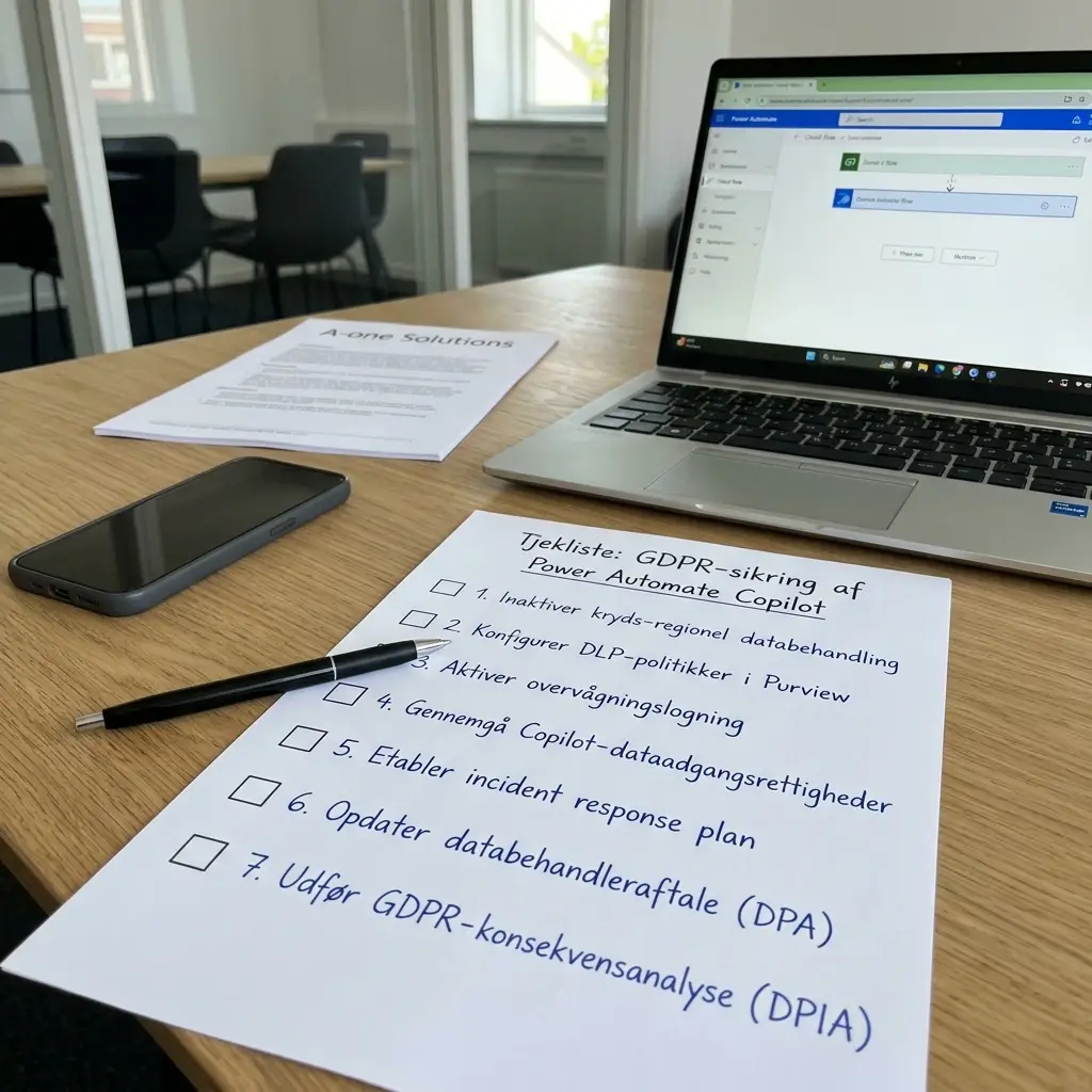 Tjekliste med syv punkter til sikring af Power Automate Copilot mod GDPR-brud
