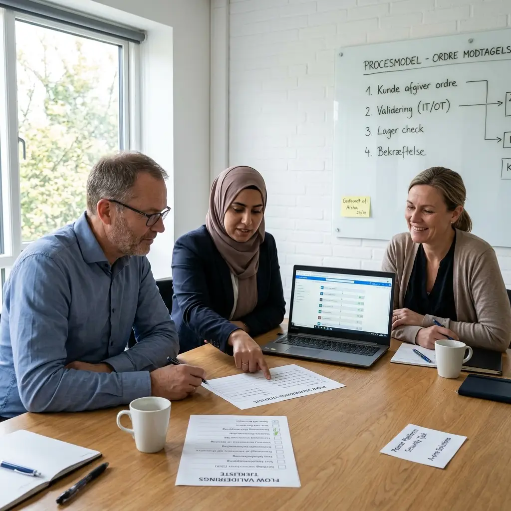 Fusion Team-model med IT, produktion og forretningsbruger der samarbejder om flow-validering
