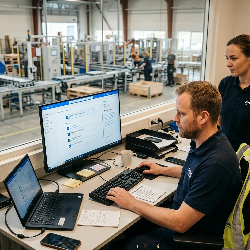 Medarbejder bygger Power Automate-flow med Copilot på kontor tæt på produktionshal