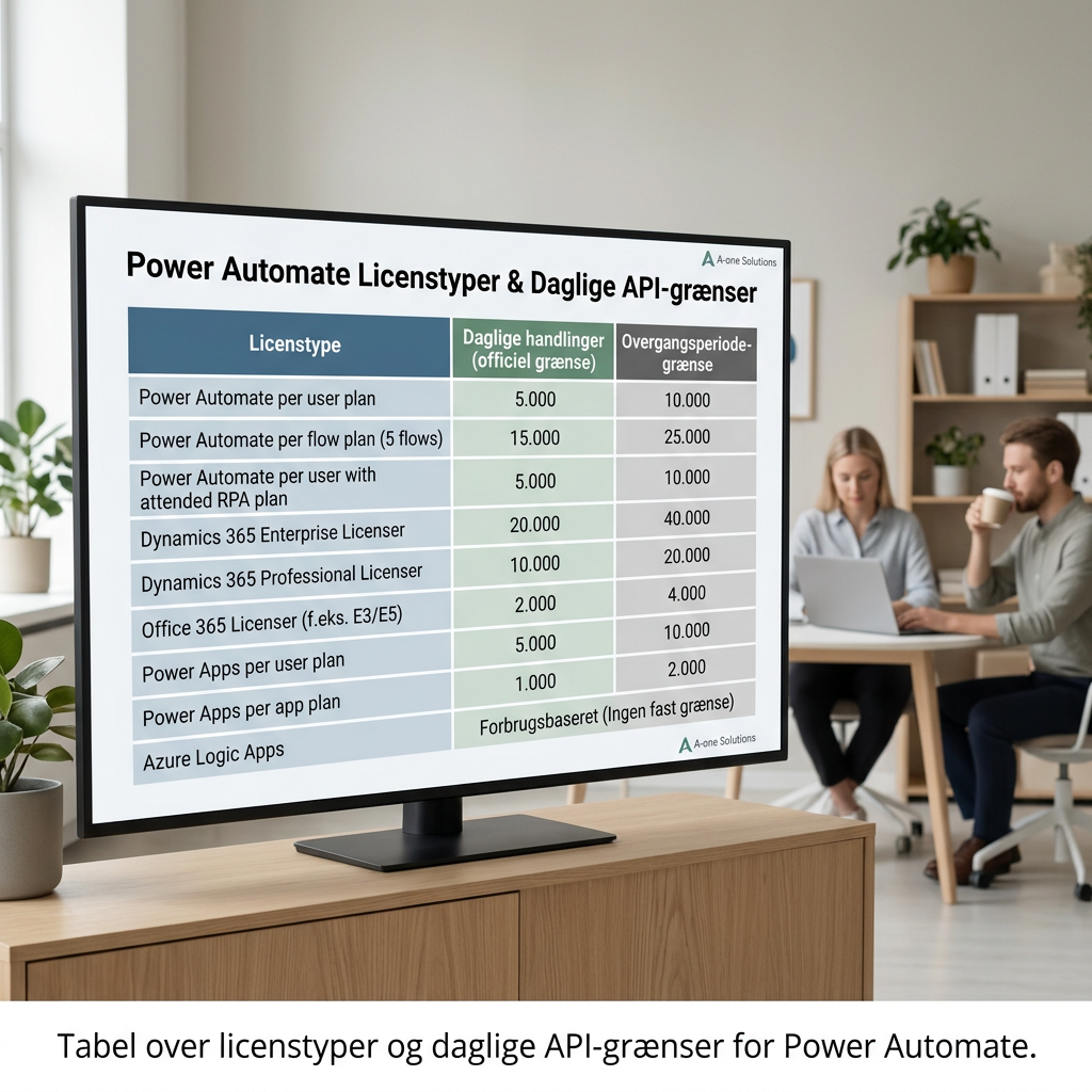 Tabel der sammenligner Power Automate licenstyper og daglige API-grænser