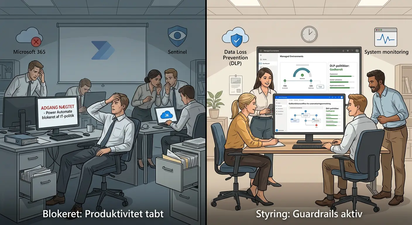 Sammenligning af blokering versus guardrails-tilgang til Power Automate i SMV