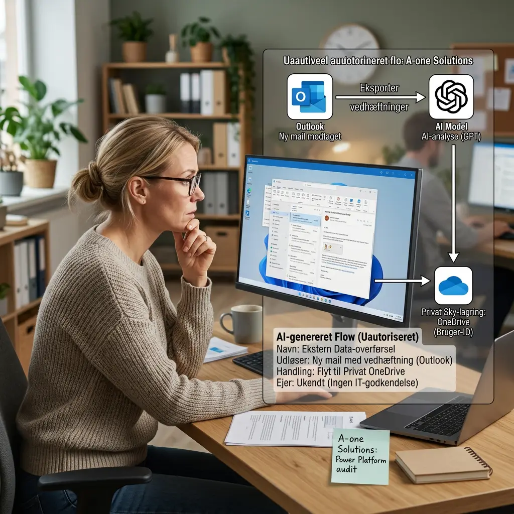 Diagram der viser hvordan et AI-genereret Power Automate flow kan flytte data uden IT-afdelingens viden