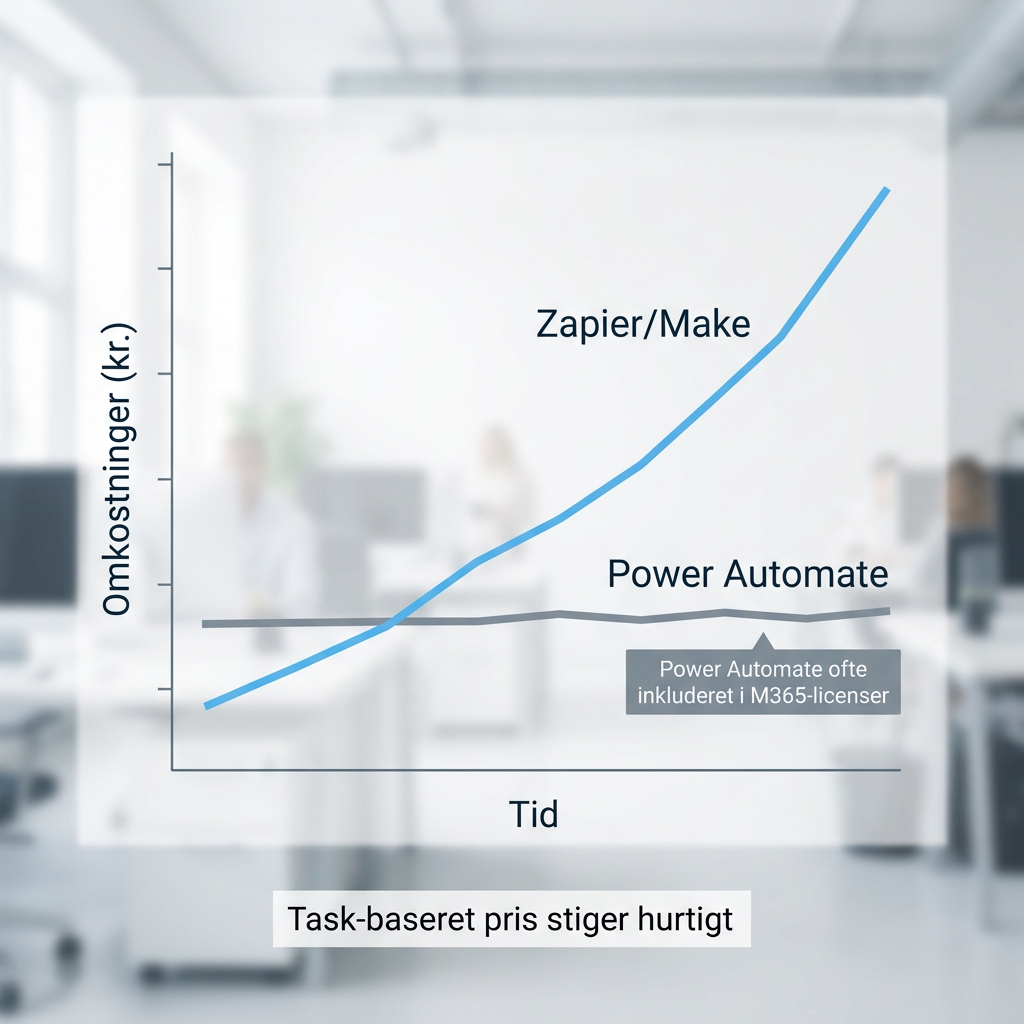 Graf der viser stigende omkostninger ved Zapiers task-baserede prismodel sammenlignet med Power Automates faste pris