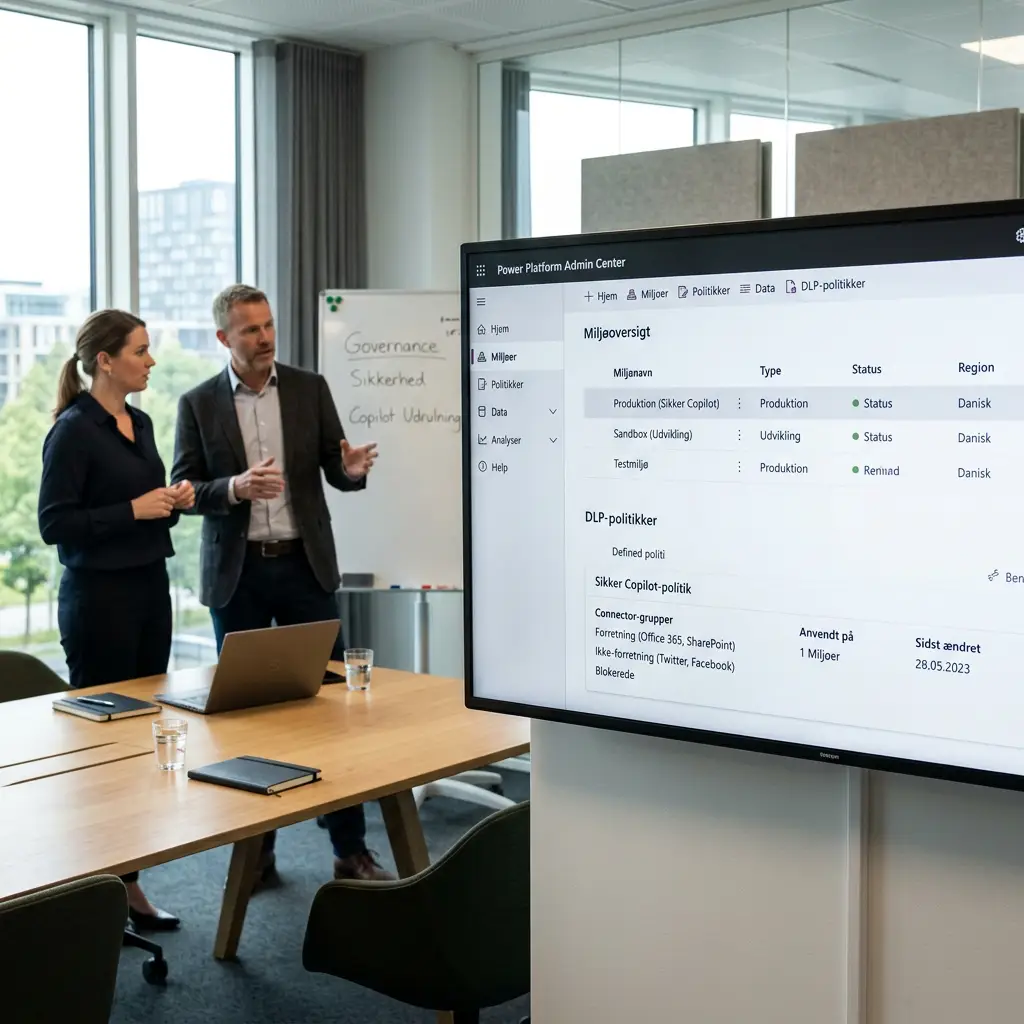 Power Platform Admin Center med DLP-politikker og miljøoversigt