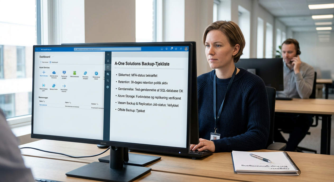 IT-ansvarlig der gennemgår backup-tjekliste på en skærm med Azure-konsol