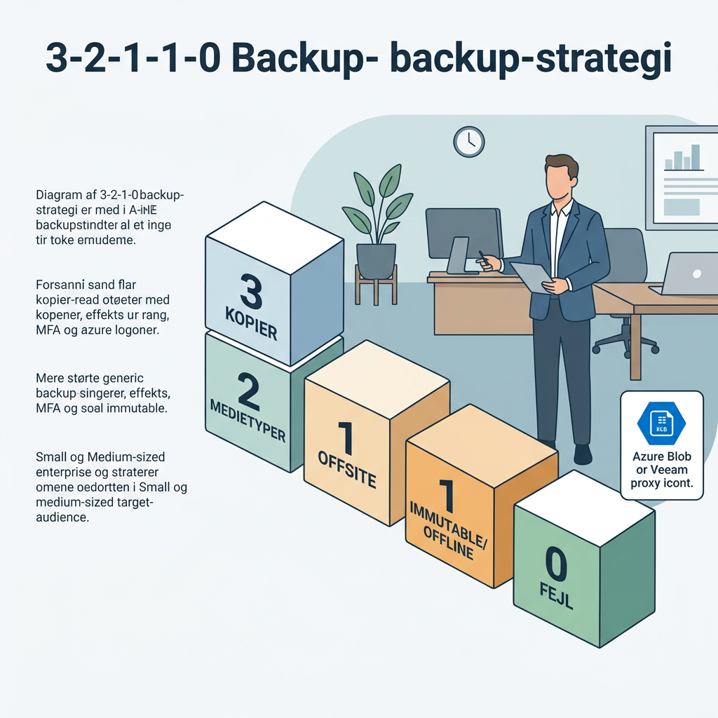 Diagram der viser 3-2-1-1-0 backup-strategien med immutable storage og air-gap