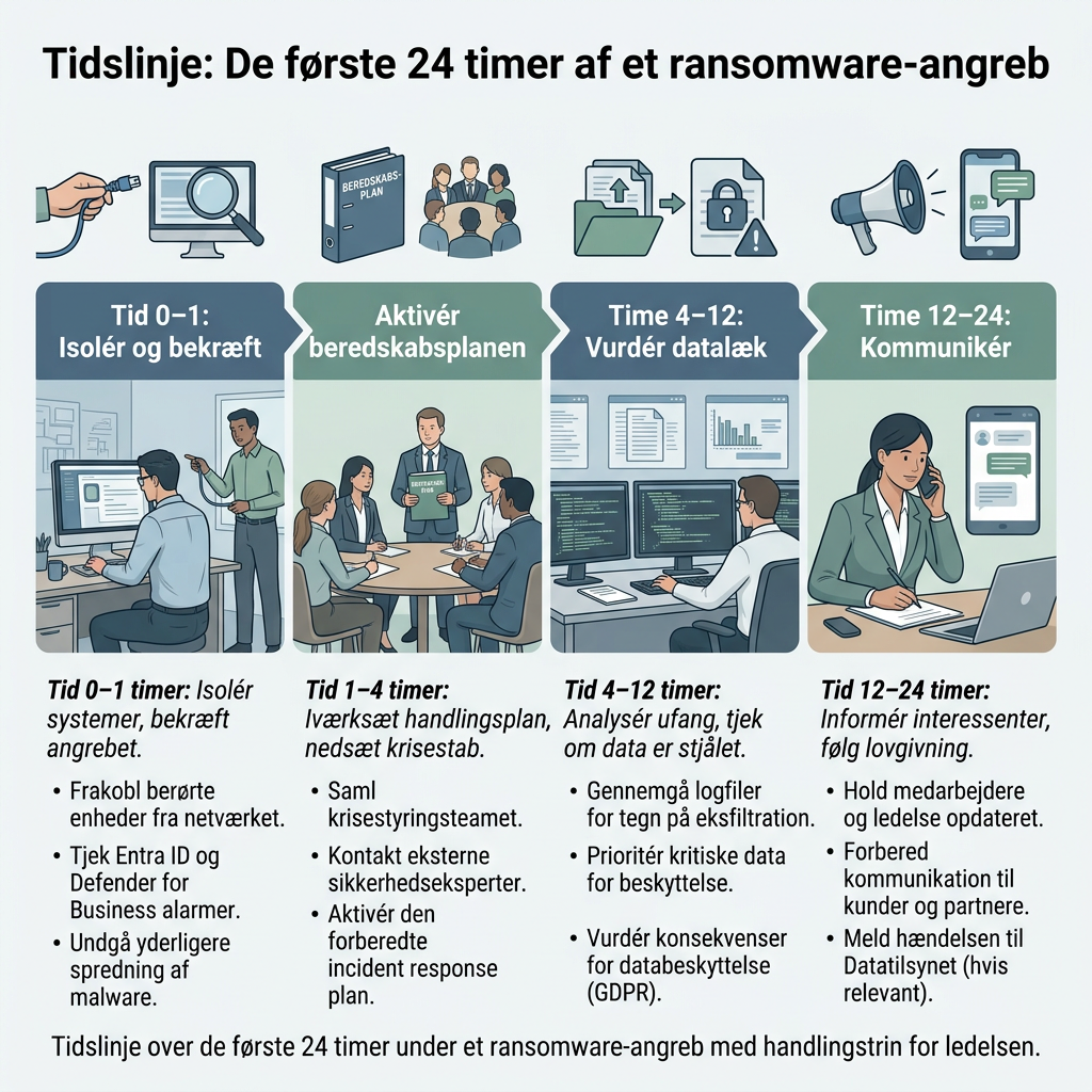 Tidslinje over de første 24 timer under et ransomware-angreb med handlingstrin for ledelsen