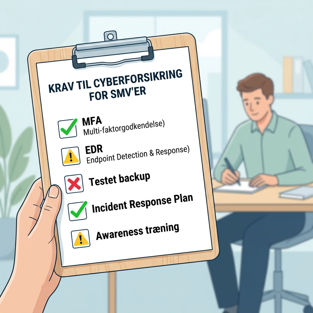 Tjekliste med cyberforsikringskrav til MFA, EDR og backup for danske SMV'er