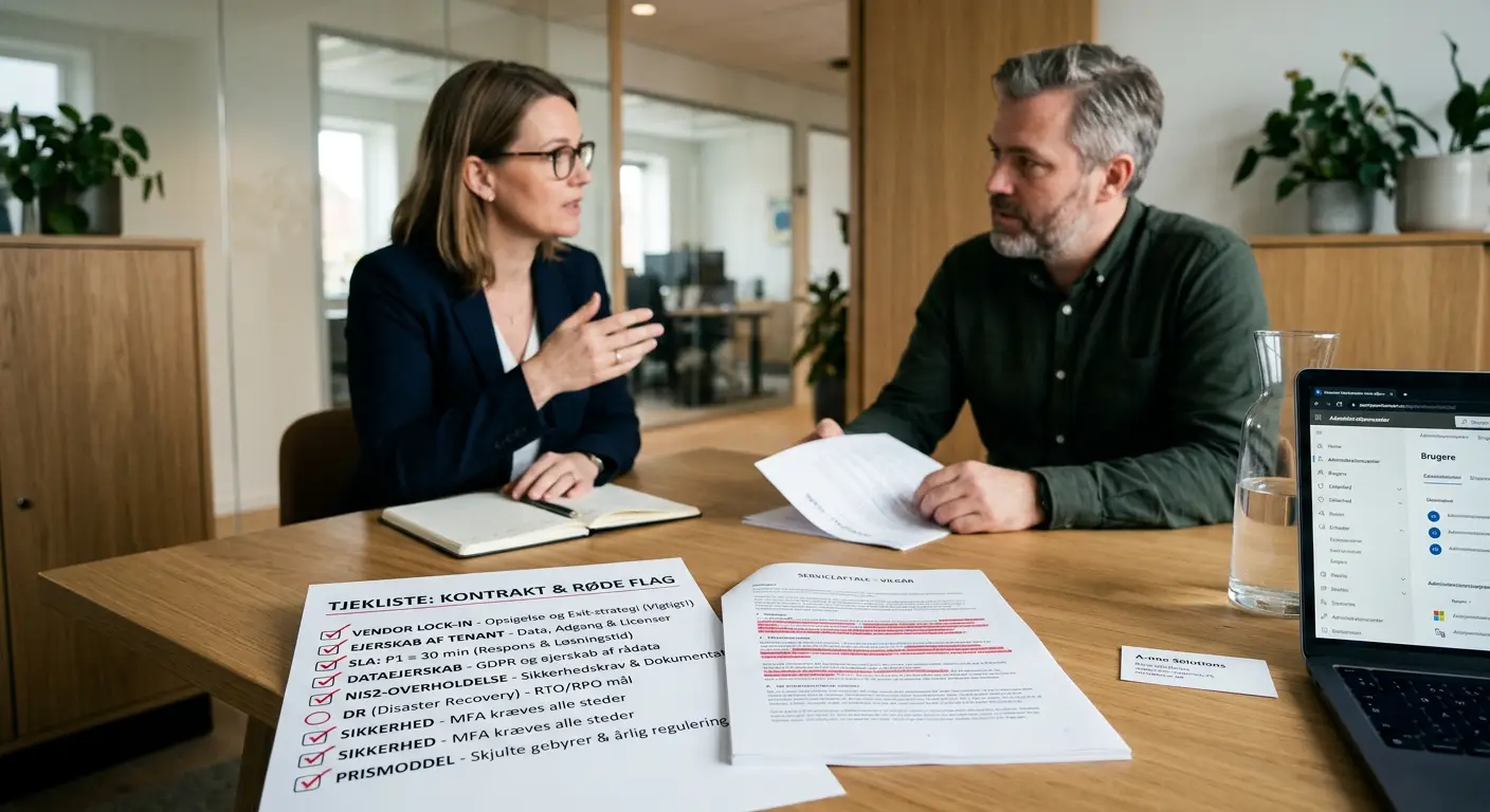 Dansk virksomhedsleder gennemgår IT-leverandørkontrakt med tjekliste for røde flag
