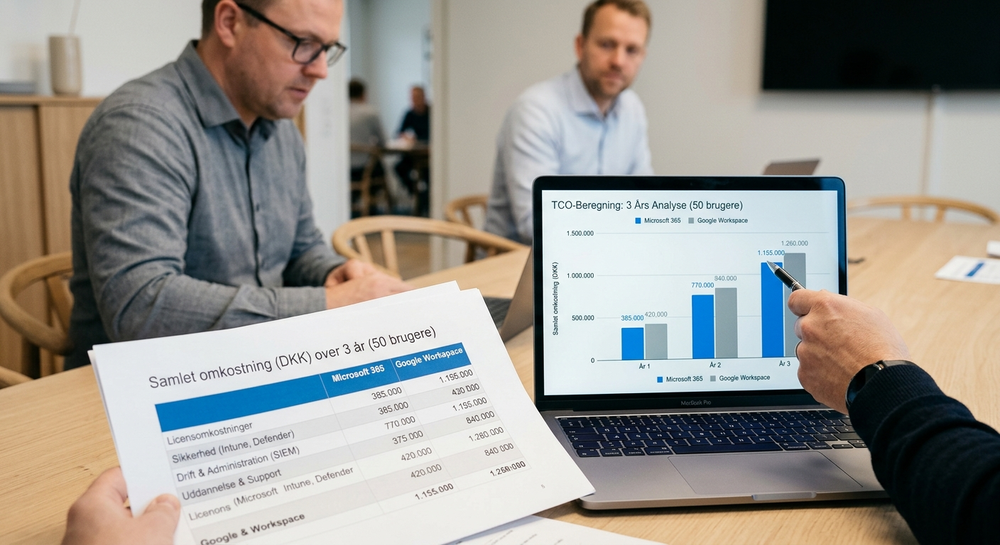 TCO-beregning for Microsoft 365 vs Google Workspace over tre år for 50 brugere