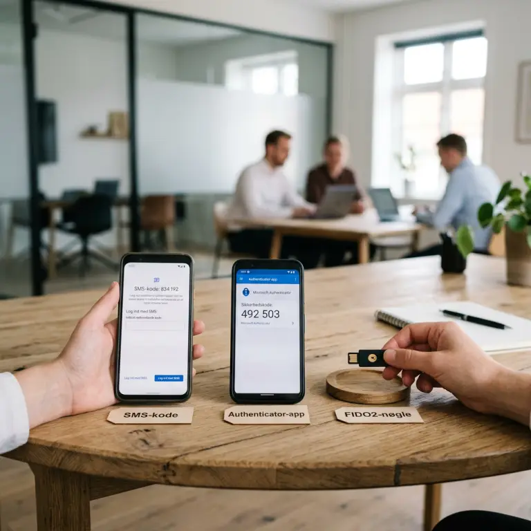 Sammenligning af MFA-metoder: SMS, authenticator-app og FIDO2-nøgle
