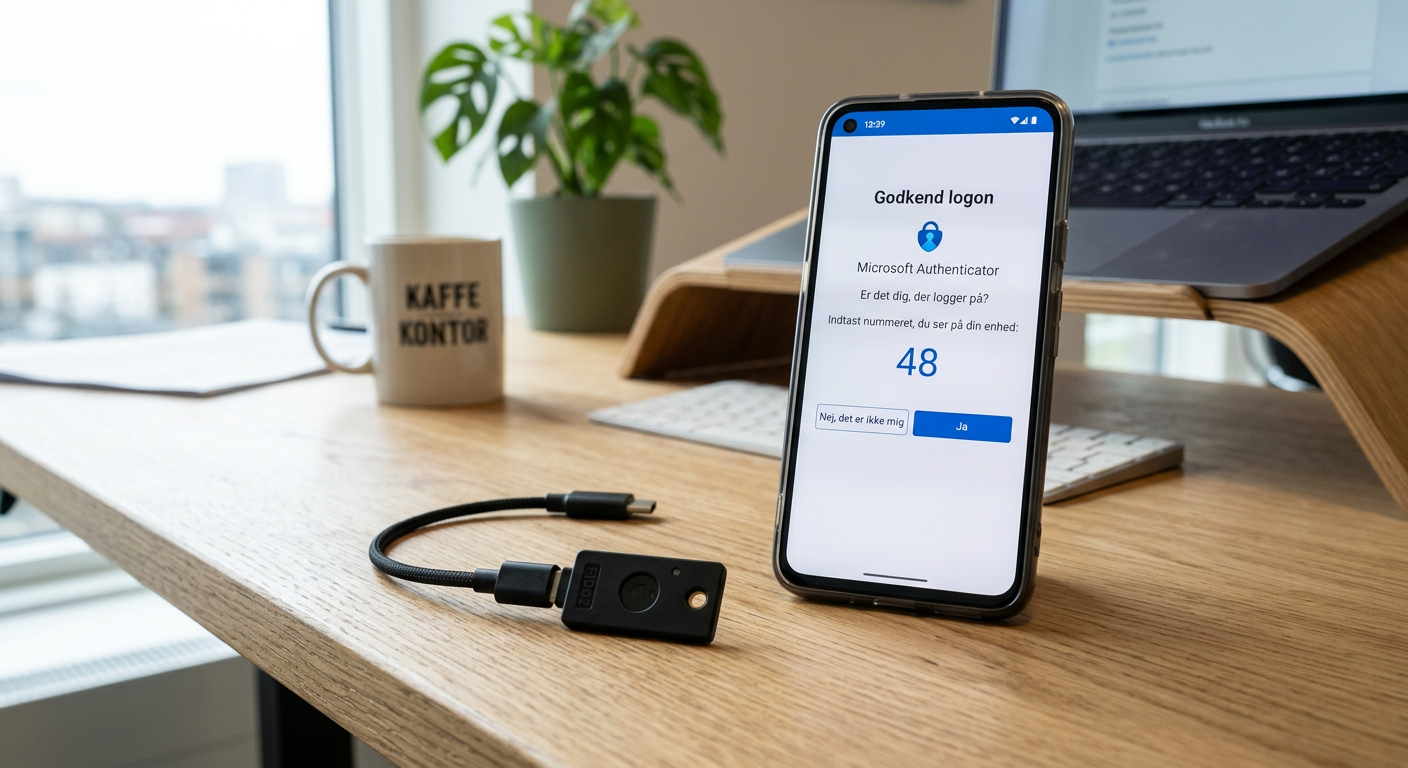 FIDO2 YubiKey hardware-nøgle ved siden af en smartphone med Microsoft Authenticator