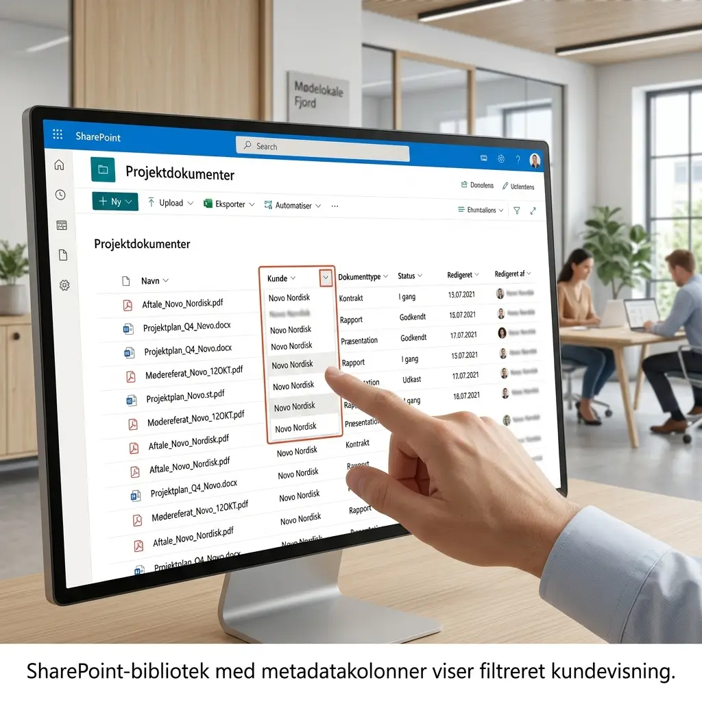 SharePoint dokumentbibliotek med metadata-kolonner for kunde, dokumenttype og status