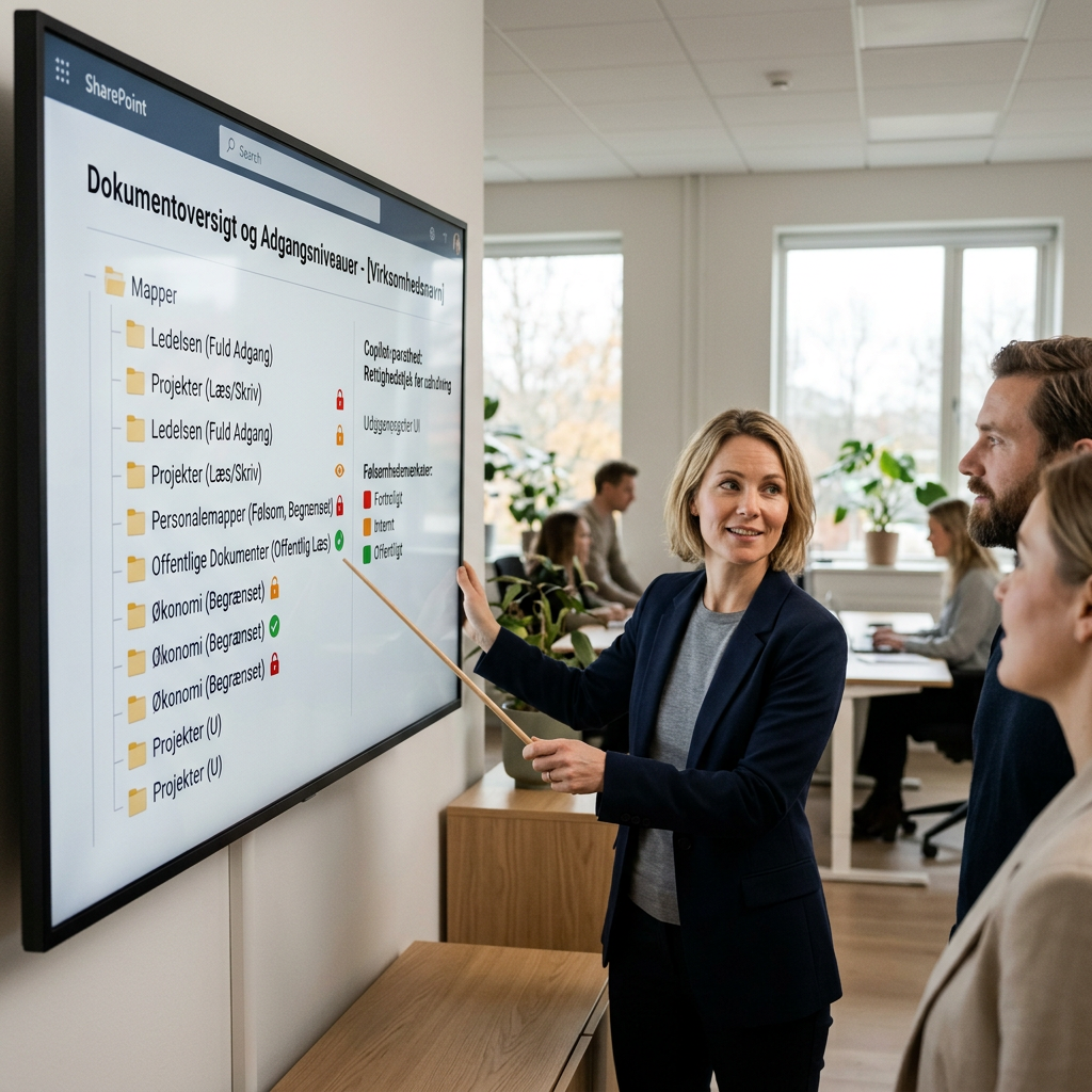 Oversigt over SharePoint-mappestruktur med rettighedsniveauer markeret