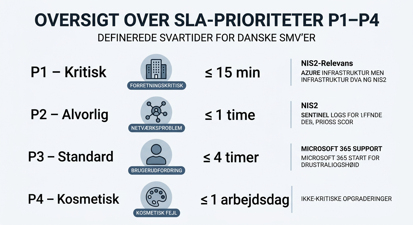 Oversigt over SLA-prioriteter P1 til P4 med svartider for IT-support