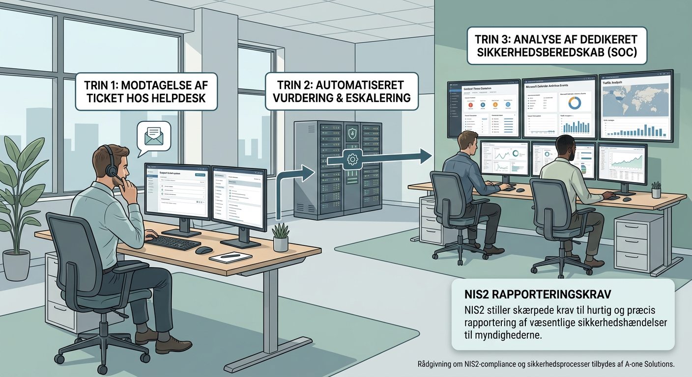 Diagram der viser eskalationsproces fra helpdesk til sikkerhedsberedskab ved kritisk IT-hændelse