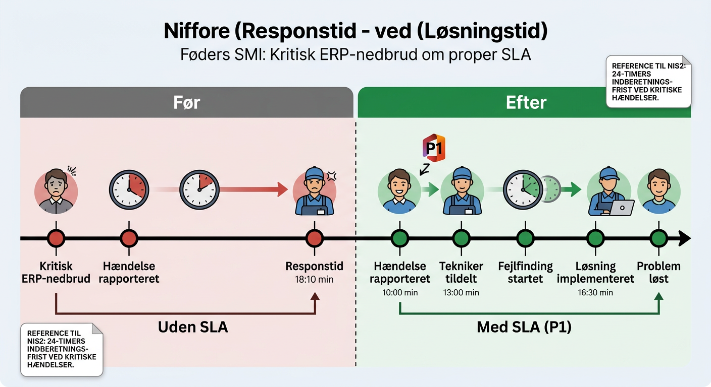 Forskel på responstid og løsningstid i IT-support SLA illustreret med tidslinje