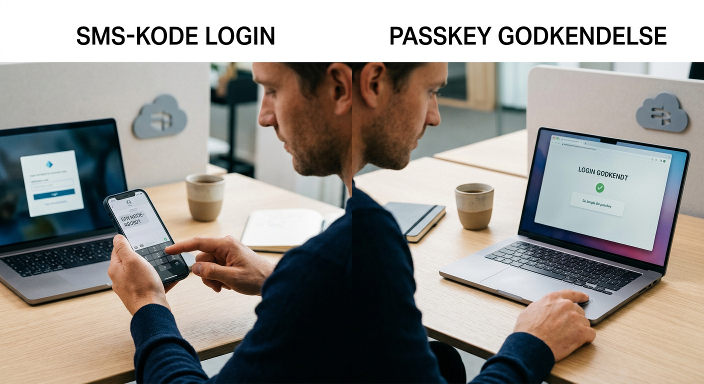 Sammenligning af traditionel MFA med SMS-kode og passwordless passkey-login