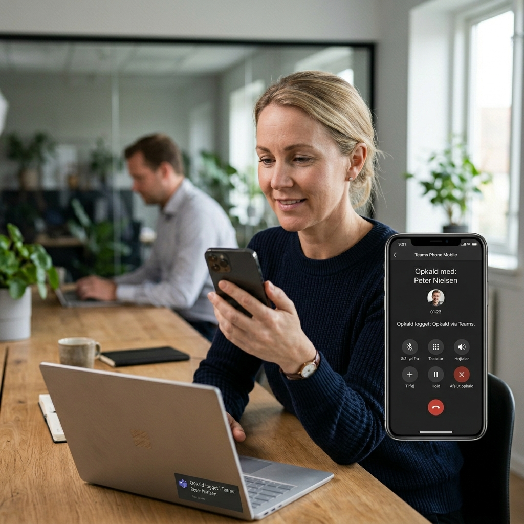 Medarbejder bruger Teams Phone Mobile med erhvervsnummer på sin private smartphone