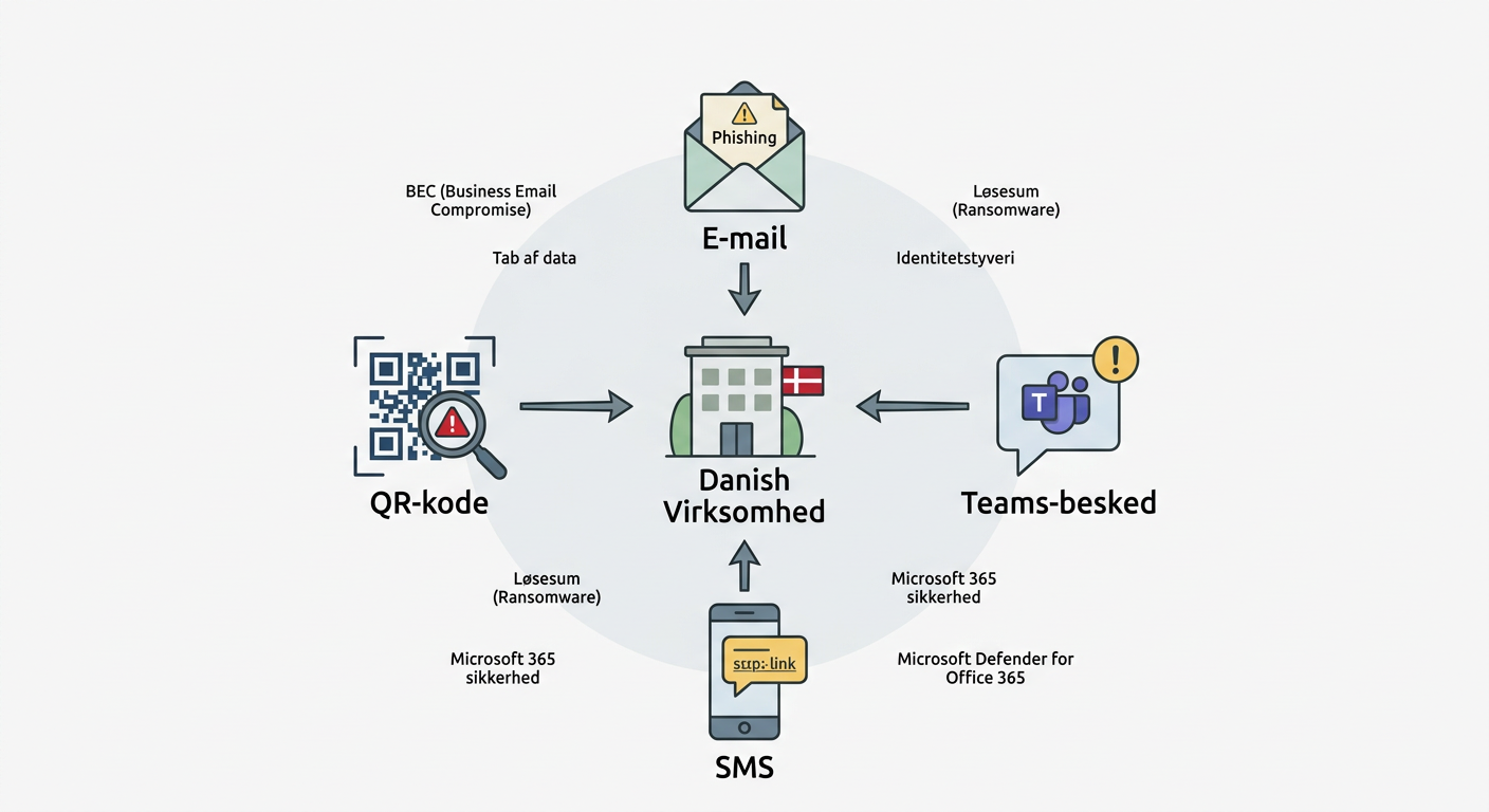 Diagram over multi-kanal phishing-angreb via e-mail, Teams og SMS mod en dansk virksomhed