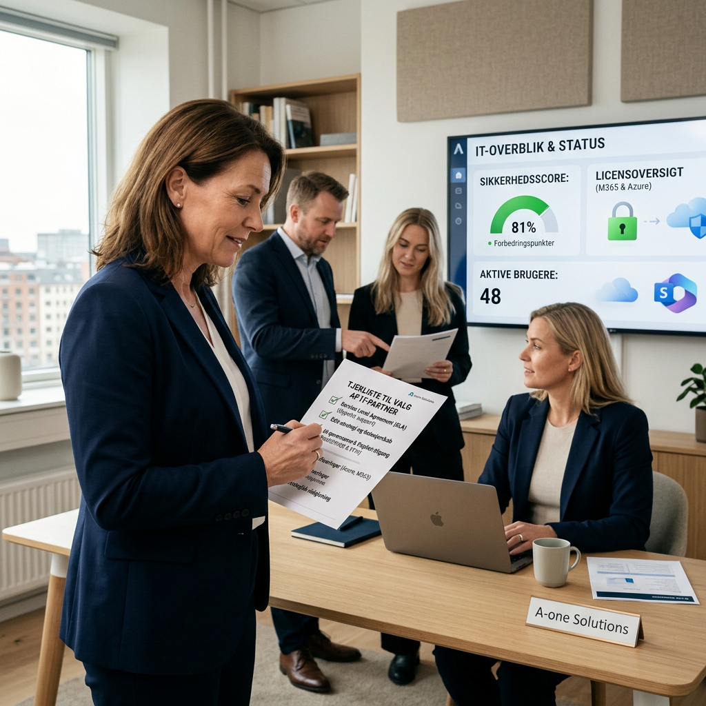 Dansk ejerleder gennemgår tjekliste til valg af IT-partner på kontor