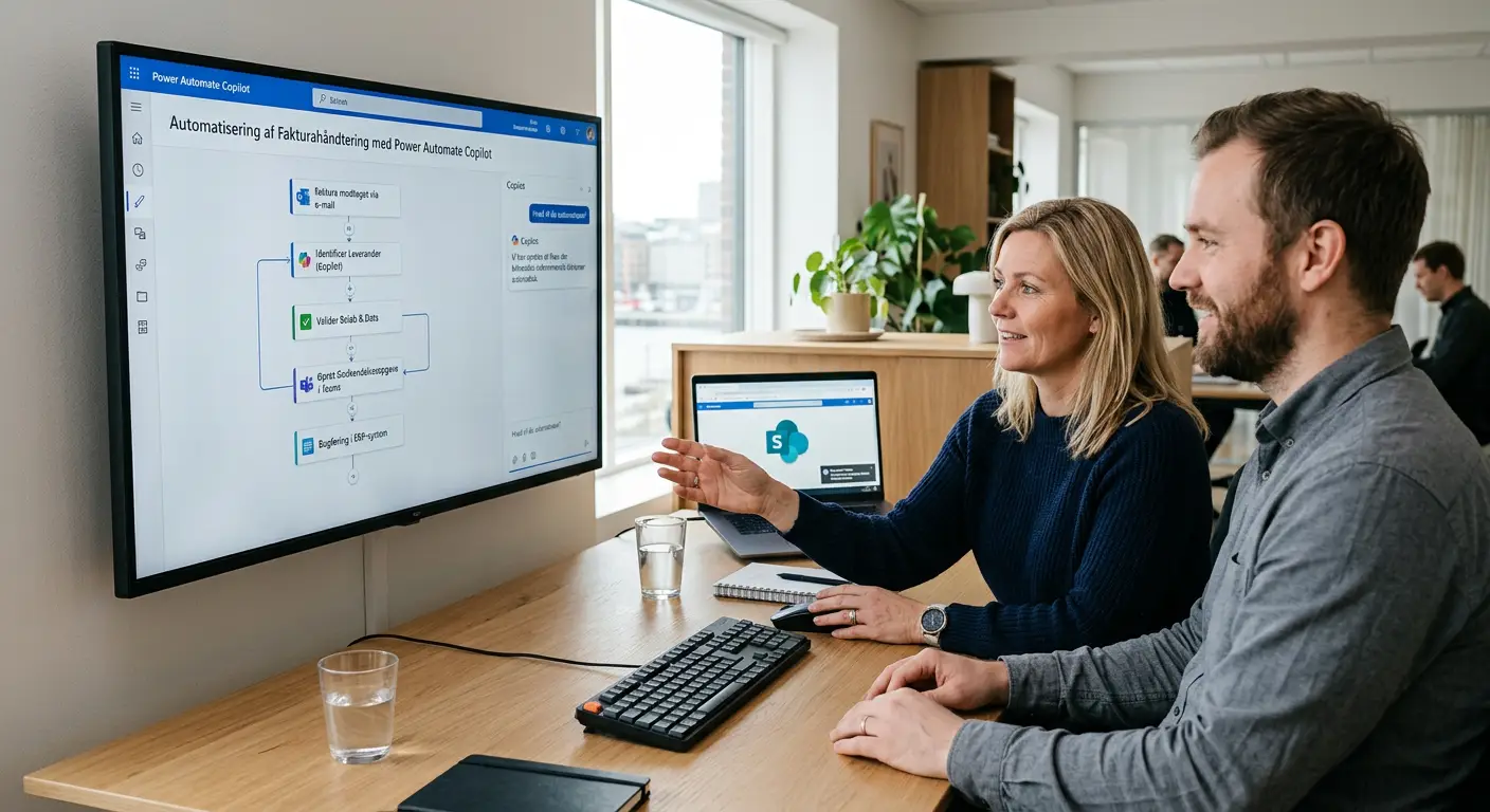 Eksempel på vibe coding prompt i Power Automate Copilot der genererer et faktura-workflow