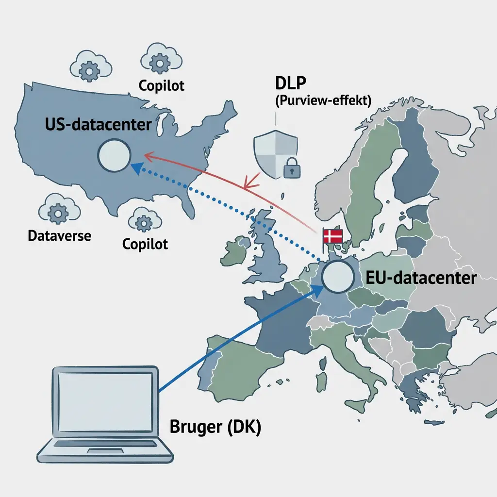 Diagram der viser dataflow fra dansk Power Automate-bruger til EU og US datacentre