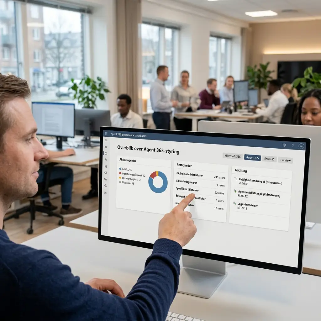 Skærmbillede af Agent 365 governance-dashboard med oversigt over aktive agenter og deres rettigheder