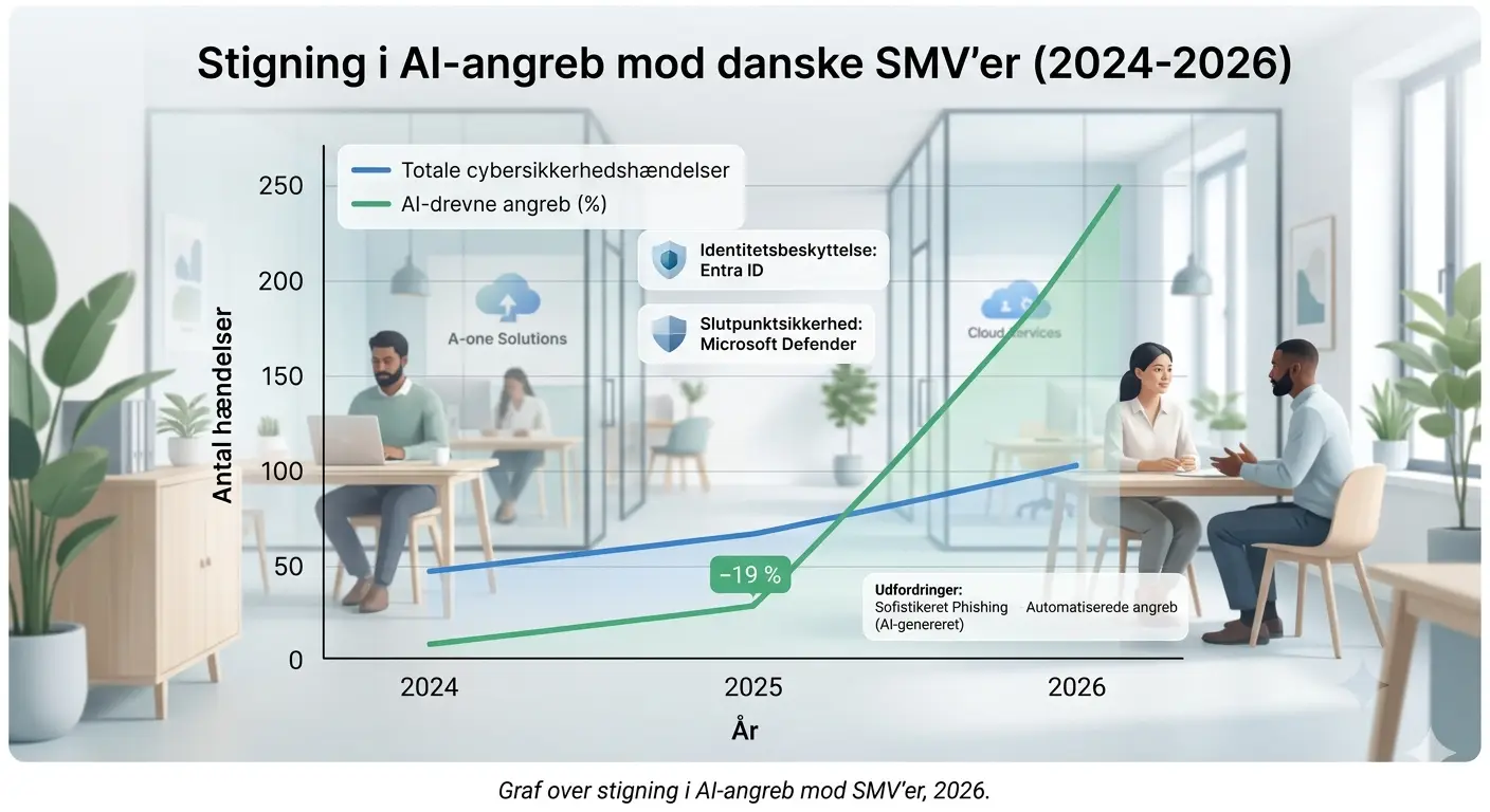 Graf der viser stigningen i AI-angreb mod SMV'er i 2026