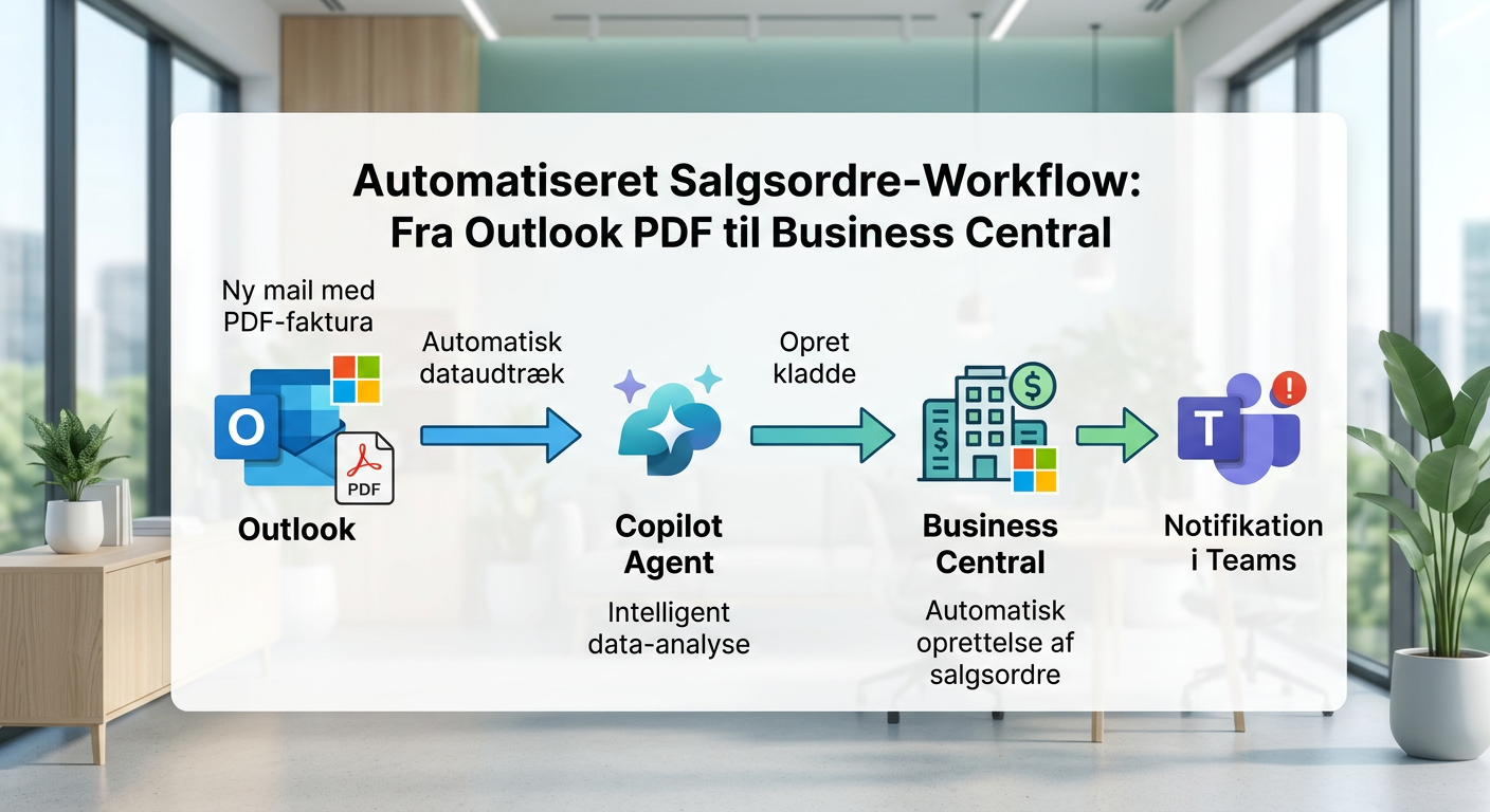 Diagram der viser workflow fra PDF-ordre i Outlook via Copilot Agent til salgsordre i Business Central ERP