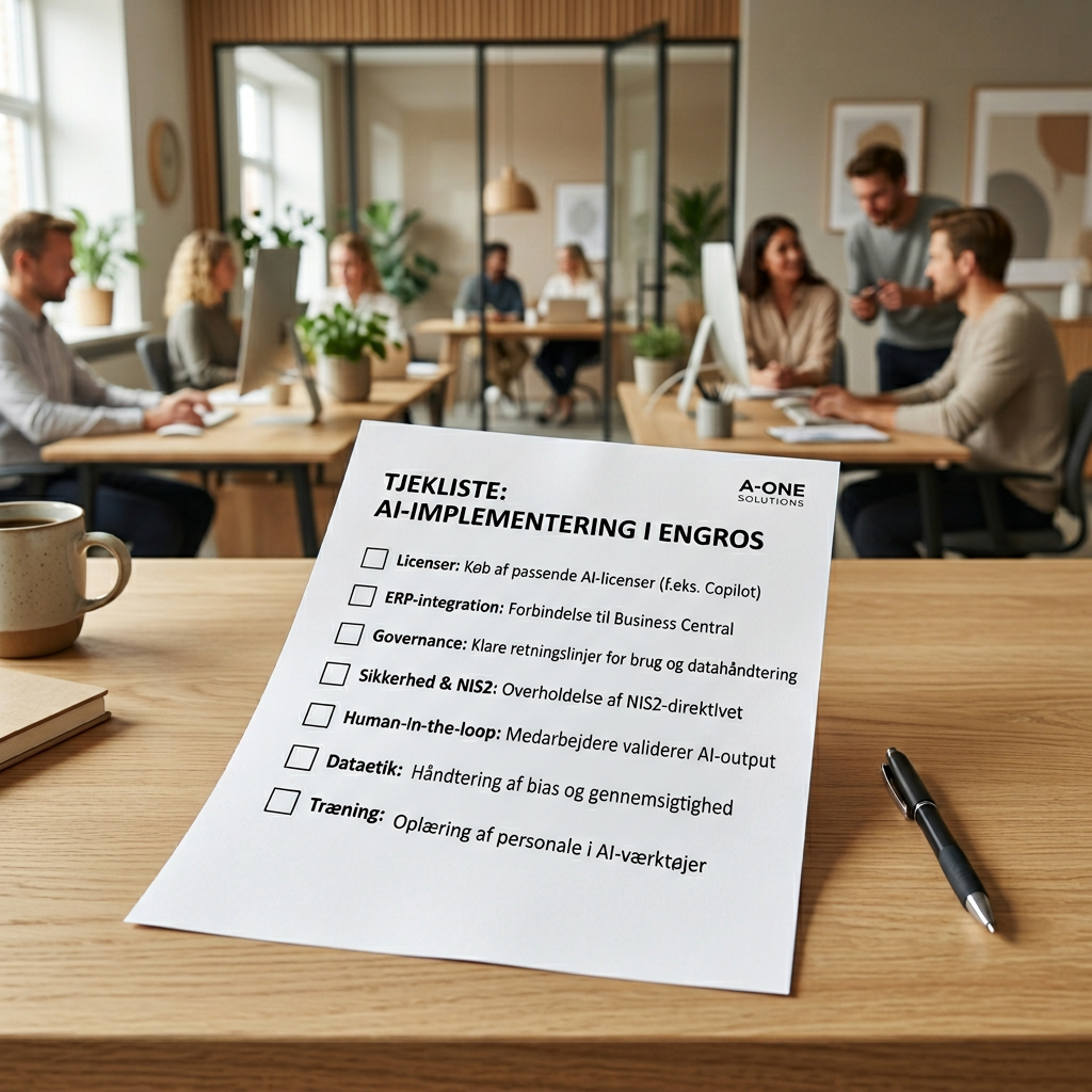 Tjekliste for AI-implementering i engrosvirksomhed med fokus på licenser, ERP-integration og NIS2-sikkerhed