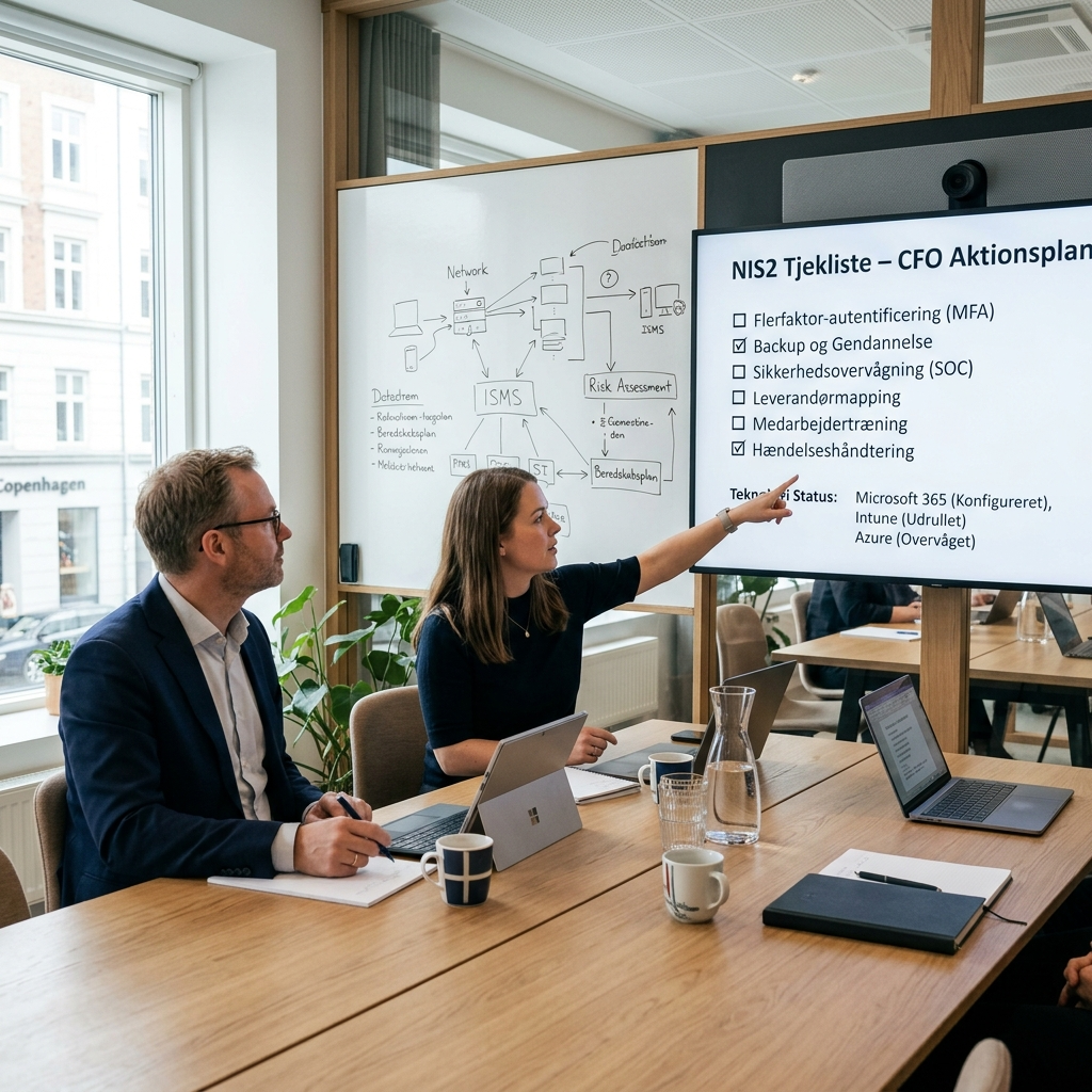 CFO og IT-chef gennemgår NIS2 tjekliste på kontoret