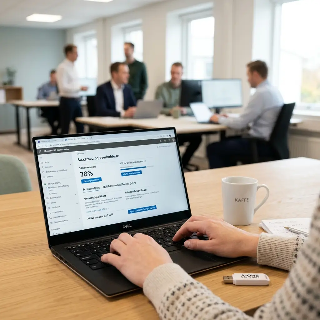 IT sikkerhed SMV - medarbejder gennemgår sikkerhedsindstillinger på laptop
