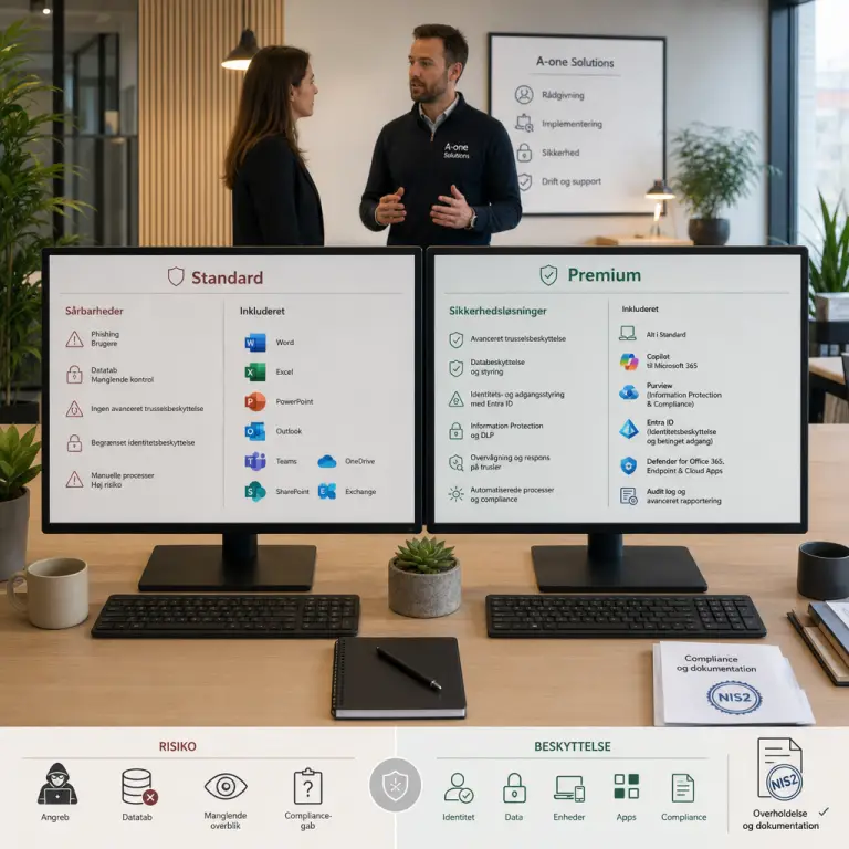 Sammenligning af Microsoft 365 Business Premium og Standard med NIS2 og Copilot