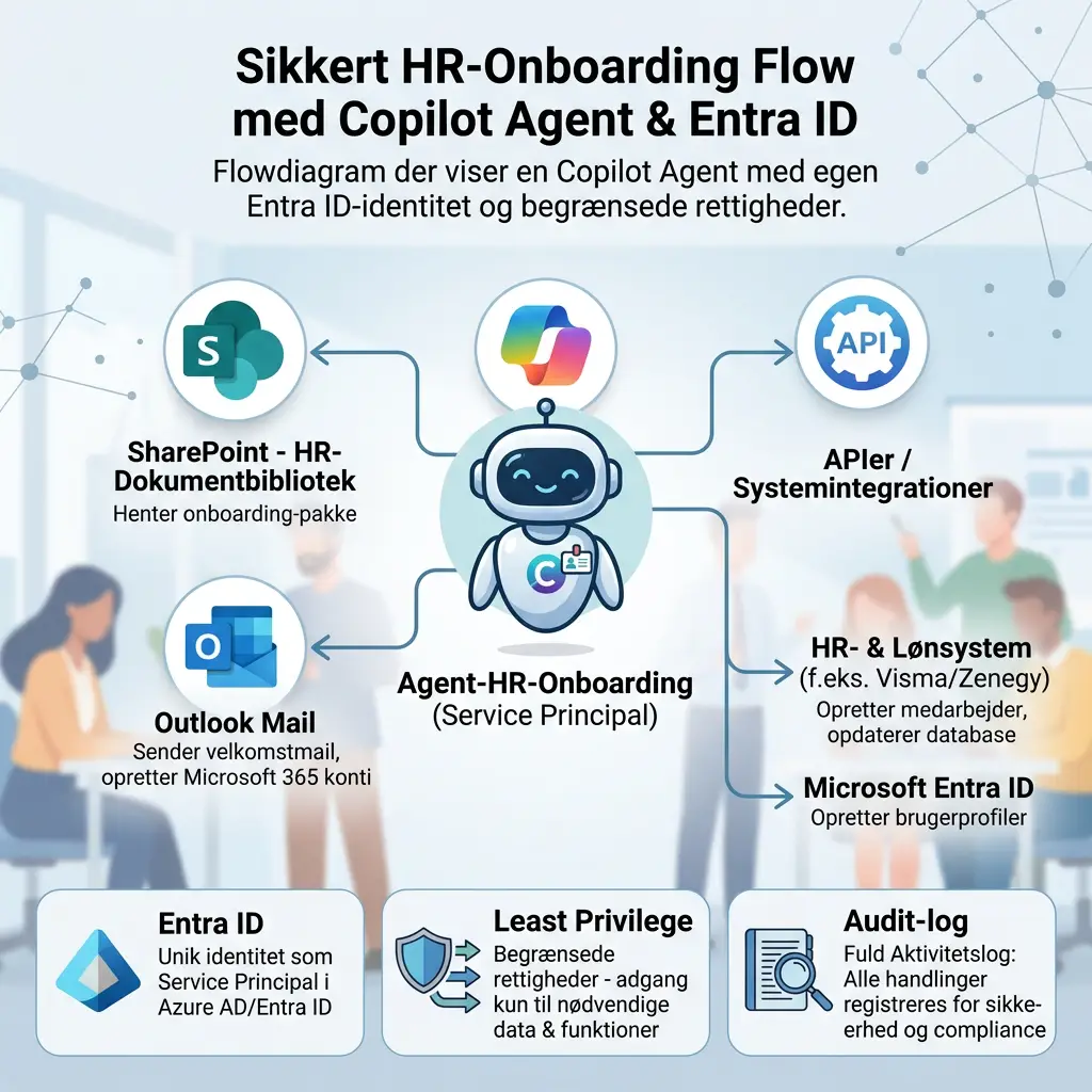 Flowdiagram der viser en Copilot Agent med egen Entra ID-identitet og Least Privilege-rettigheder