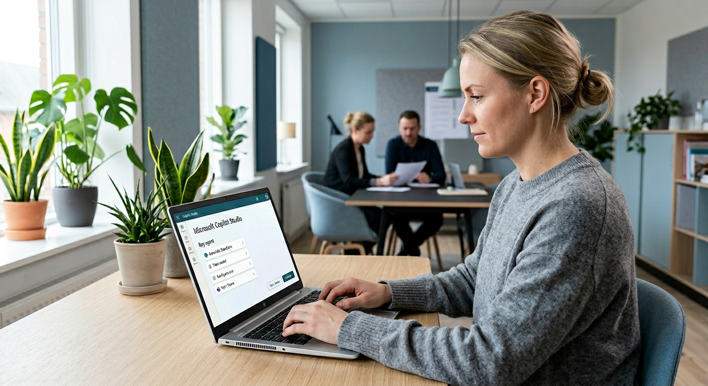 Dansk medarbejder bygger AI-assistent i Microsoft Copilot Studio på bærbar computer