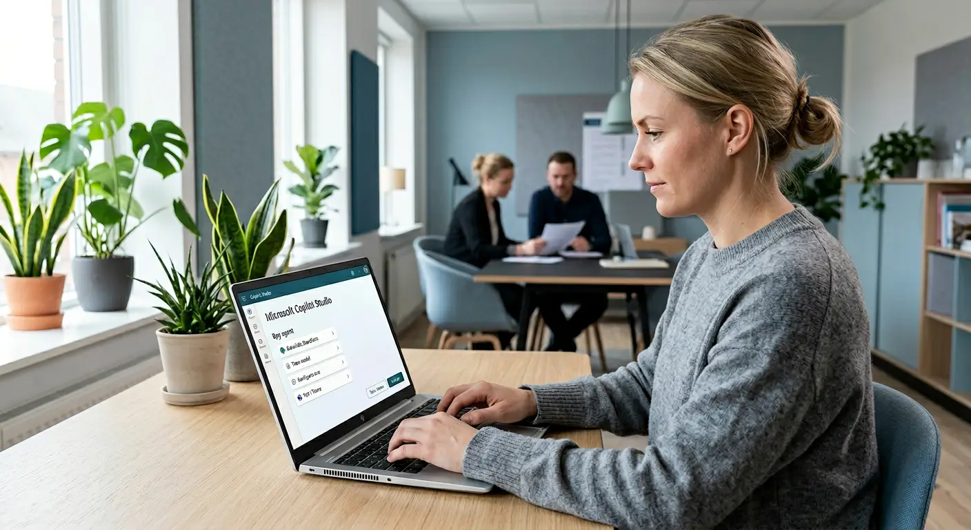 Dansk medarbejder bygger AI-assistent i Microsoft Copilot Studio på bærbar computer