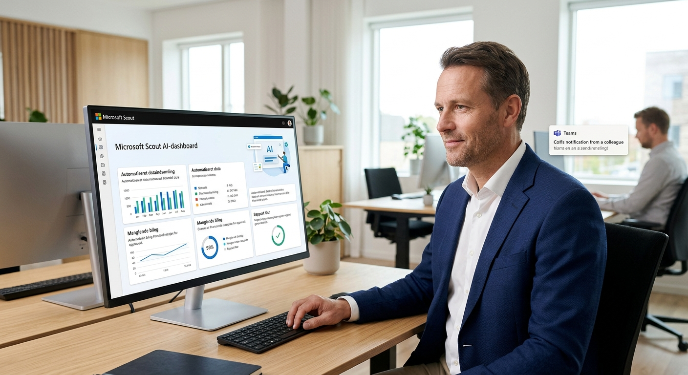 Microsoft Scout AI dashboard der viser automatiseret dataindsamling for en CFO