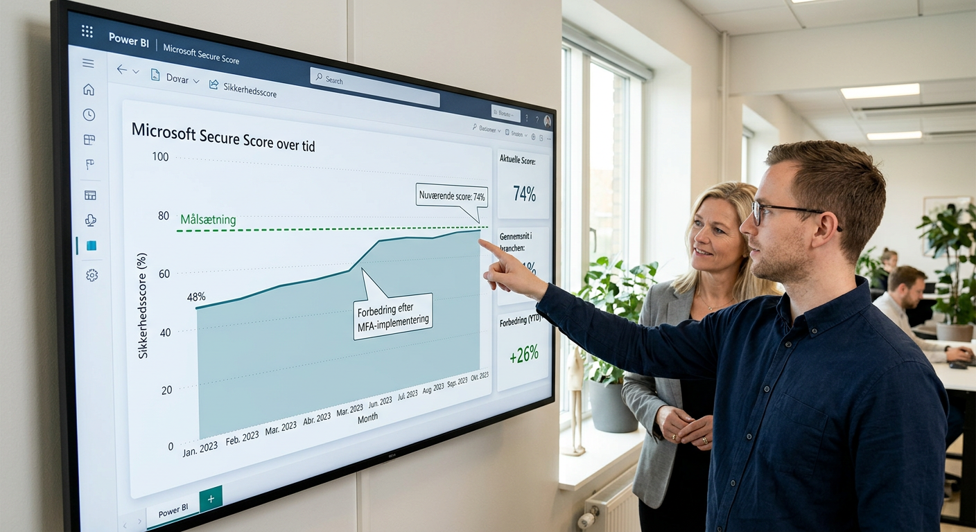Graf der viser en stigning i Microsoft Secure Score over tid i et dashboard