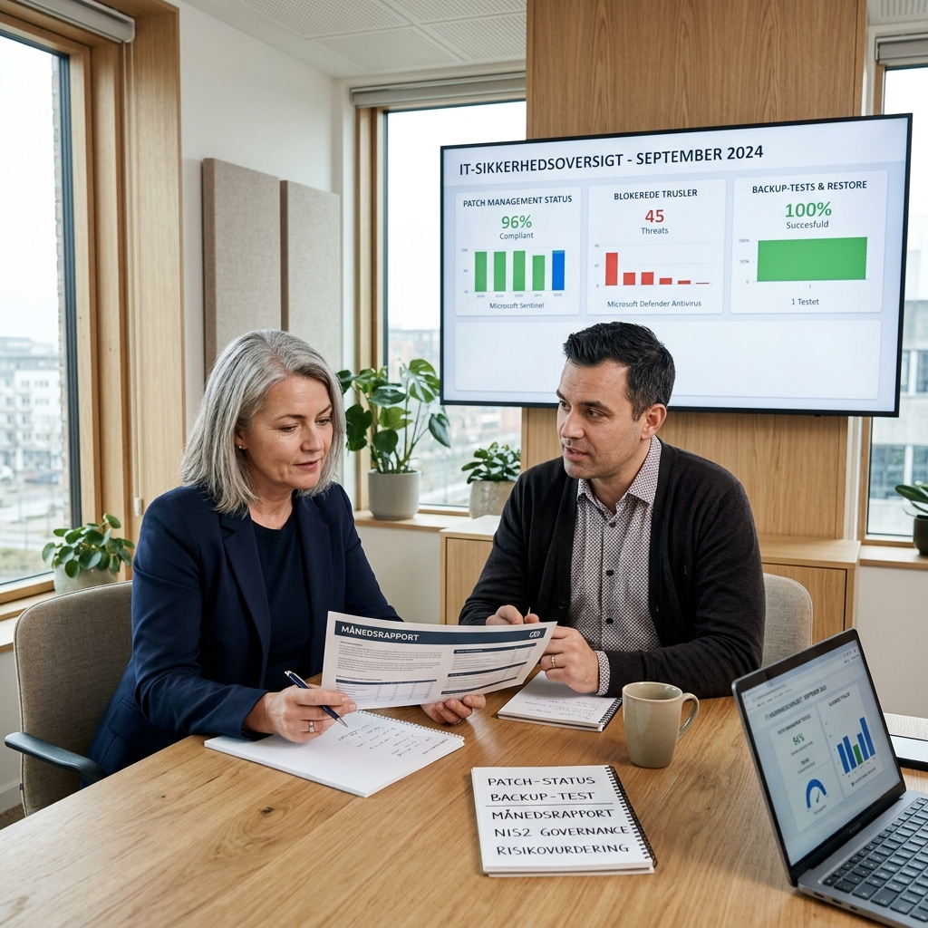 Ledelse der gennemgår IT-sikkerhedsrapporter i et mødelokale