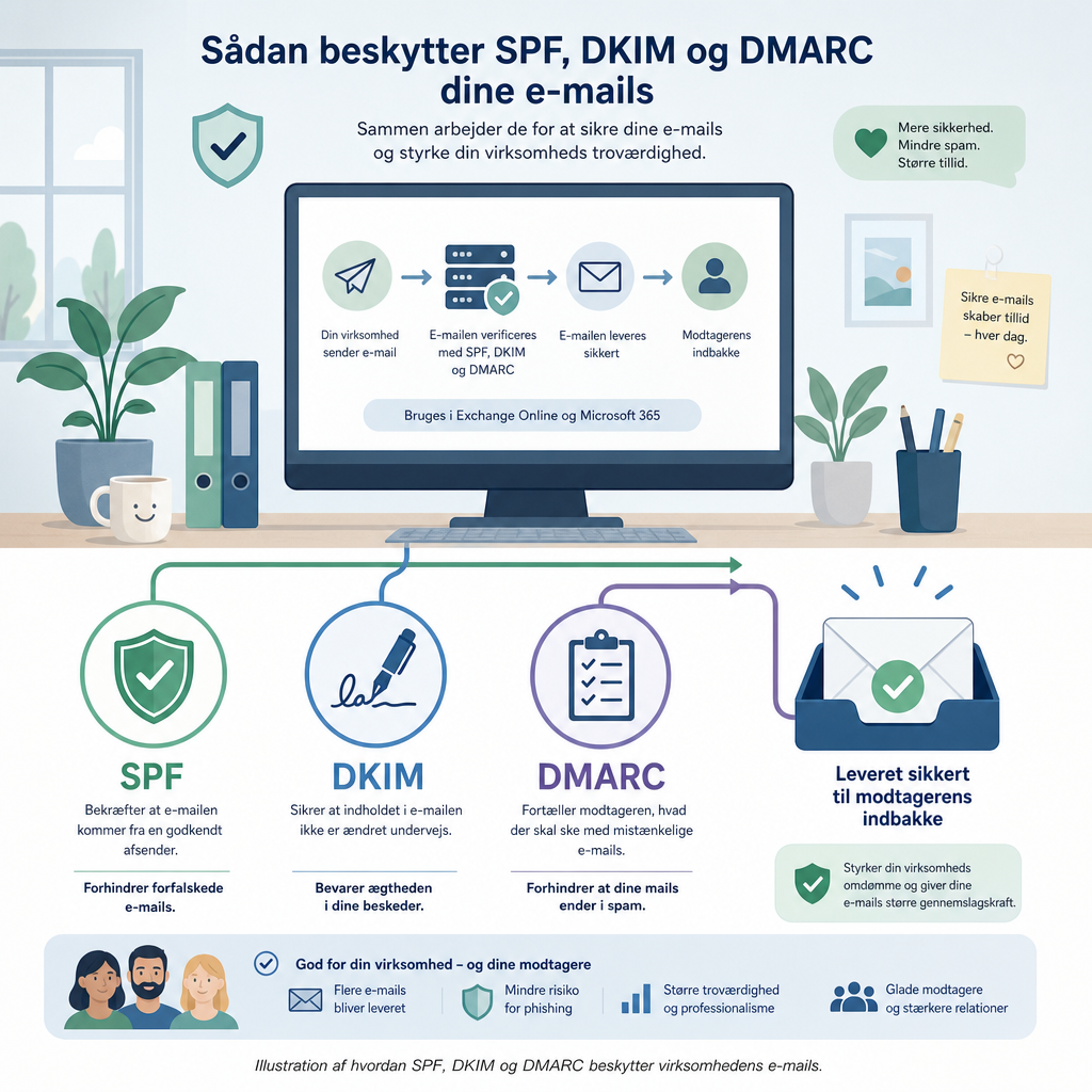 Illustration af e-mail godkendelse med DMARC, SPF og DKIM