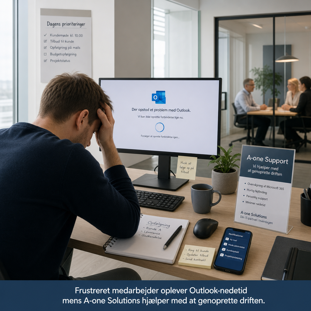 Frustreret medarbejder foran computer med Outlook-fejl og nedetid