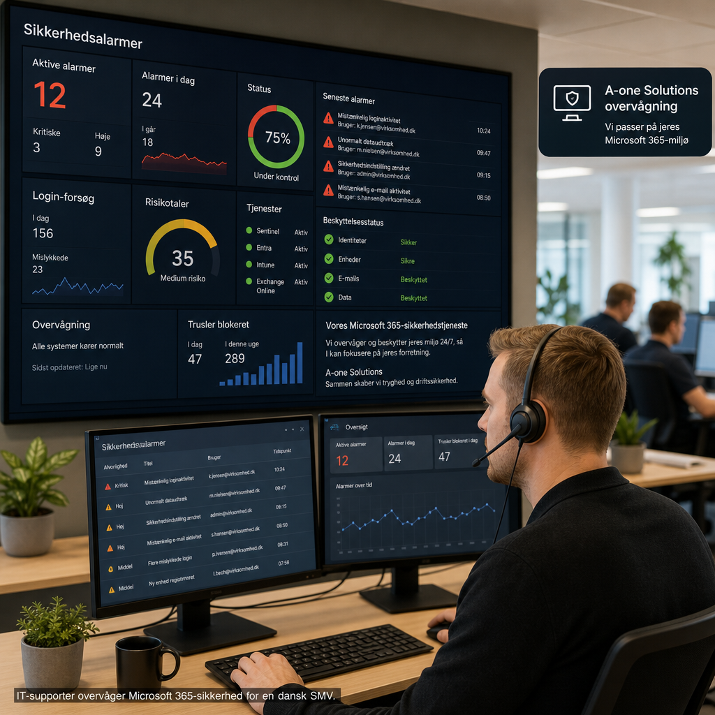 IT-supporter der overvåger Microsoft 365 sikkerhedsalarmer