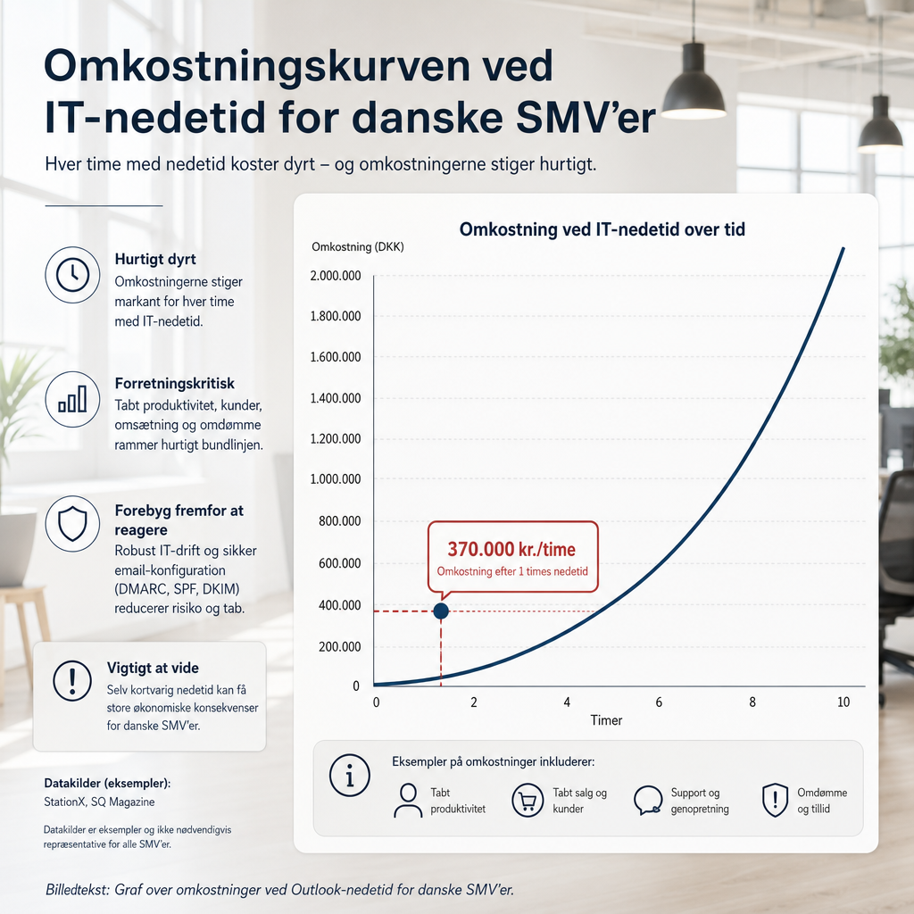 Graf der viser stigningen i omkostninger ved nedetid for danske virksomheder