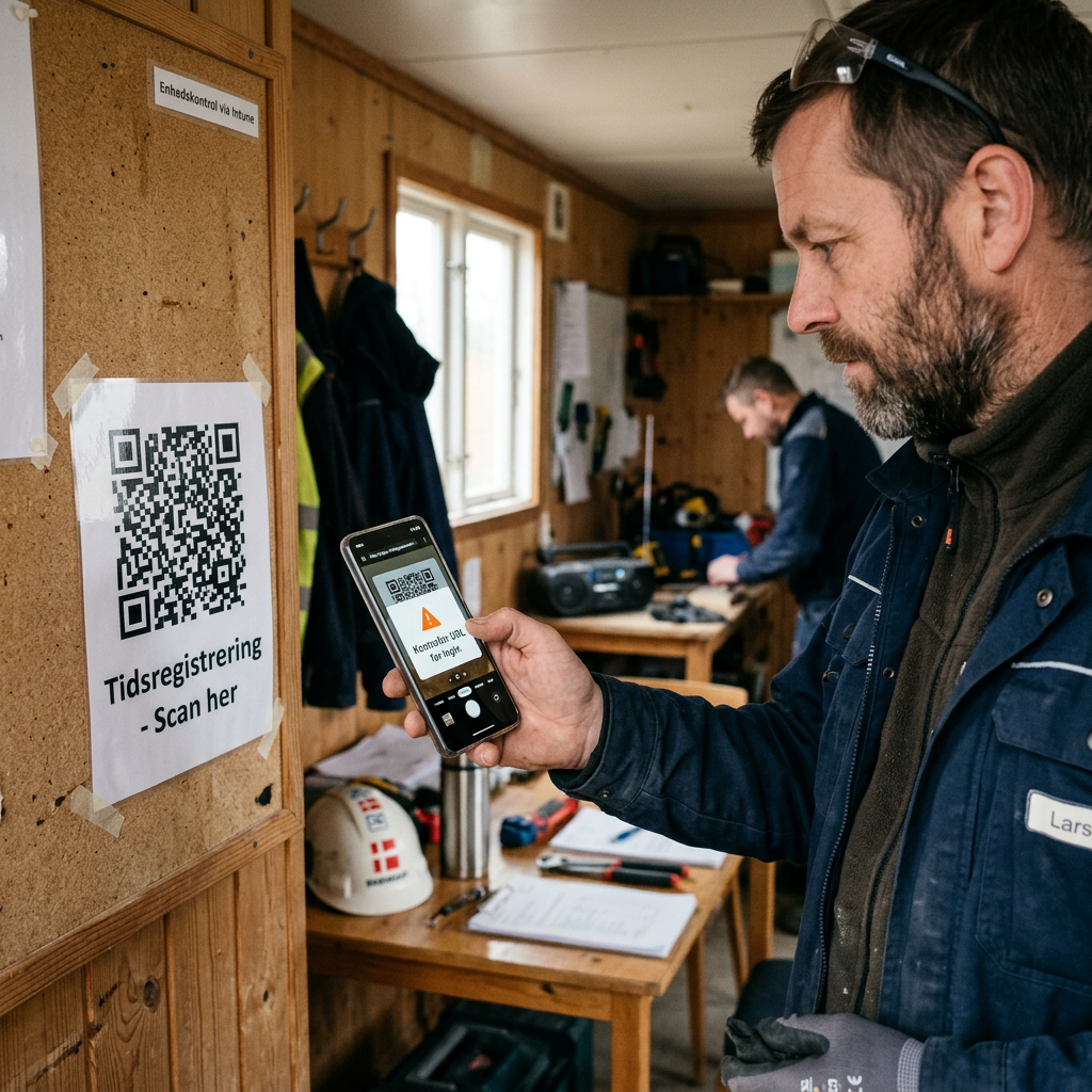 Håndværker scanner QR kode på byggeplads med risiko for quishing