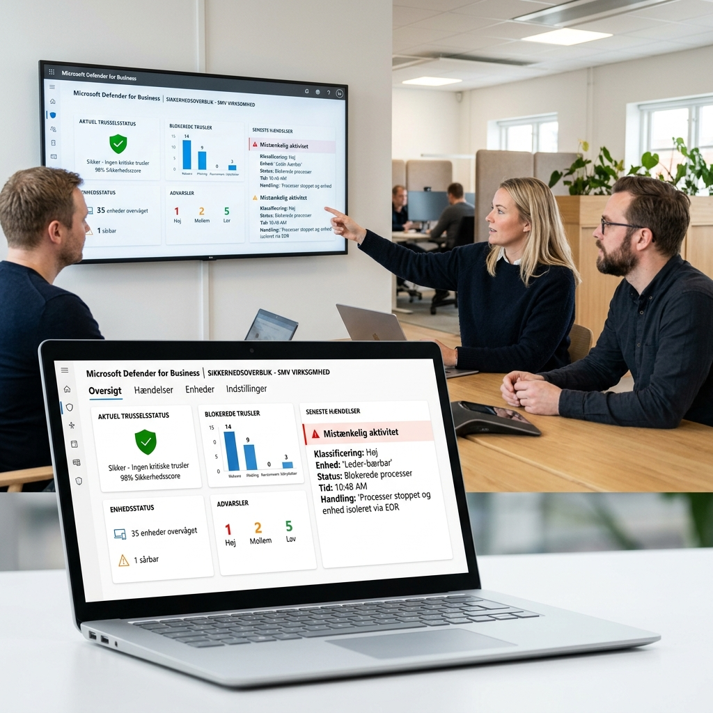 Microsoft Defender for Business dashboard der viser blokerede trusler
